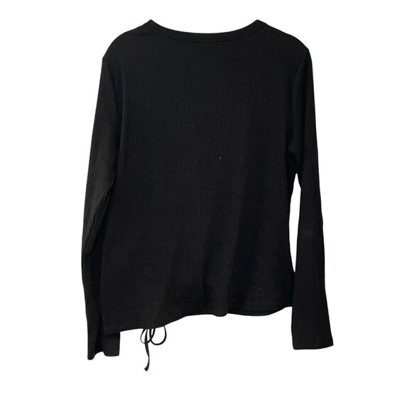 A New Day Women’s Black Tee Top Blouse Pull‎ Drawstring Tie Ruched Ribbed L - Picture 2 of 4
